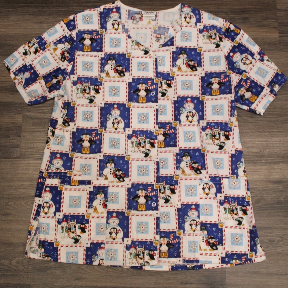 White Swan Fundamentally‎ Cotton Holiday Christmas Penguin Snowman Scrub Top M